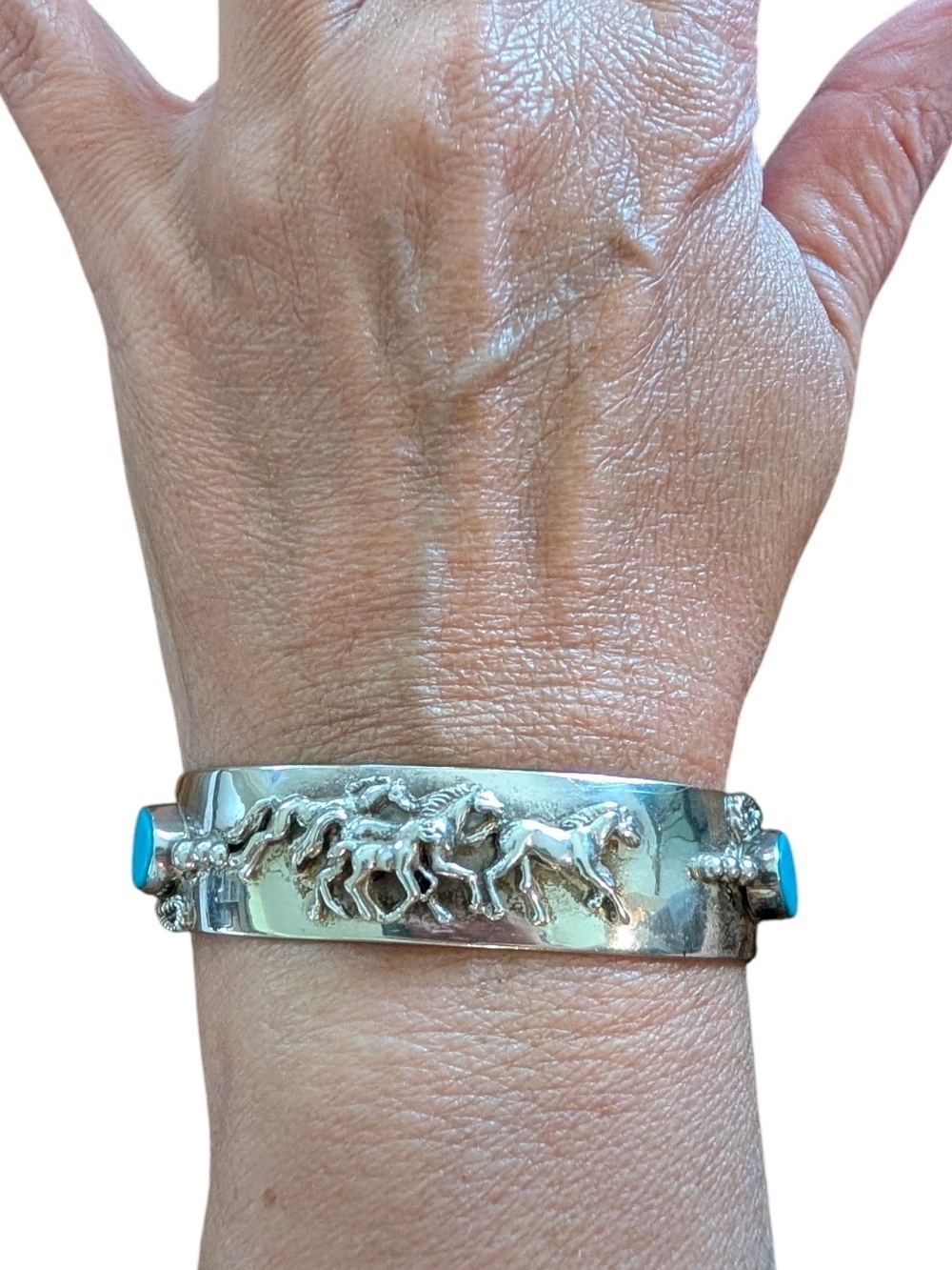 Sterling Silver Horse Motif Cuff Bracelet with Turquoise Accents